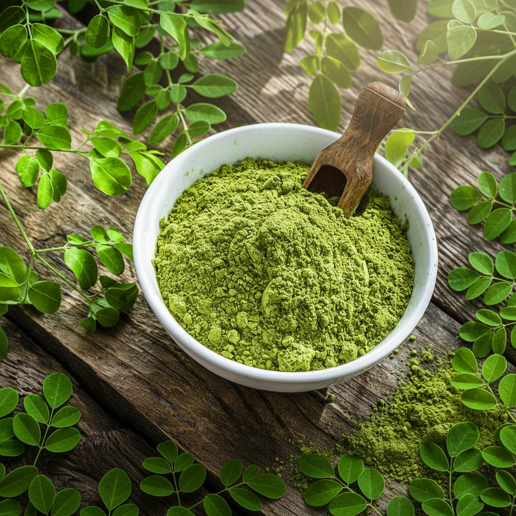 White bowl filled with green powder on a wooden surface with green leaves.