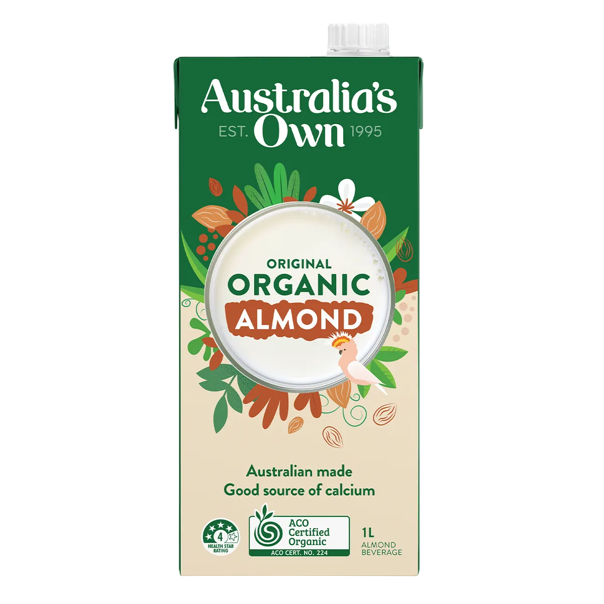 Carton of Australia's Own Organic Almond milk on a white background