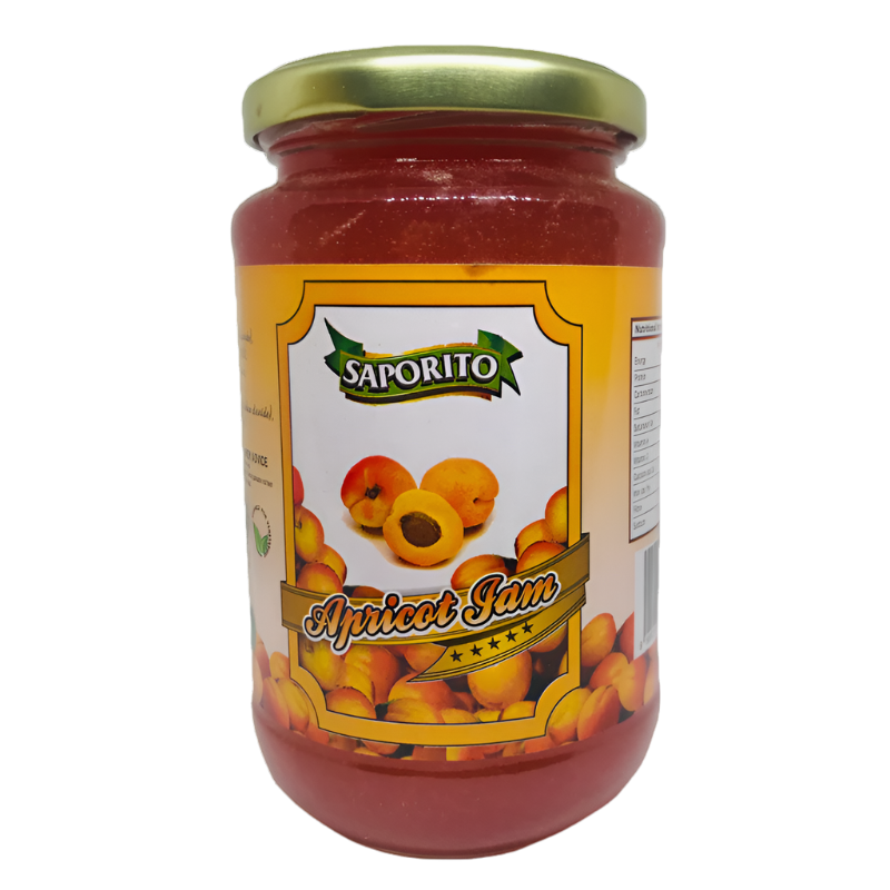 A jar of SAPORITO APRICOT JAM 450G with a label showing the product name and apricots. The jar has a golden lid and is placed against a white background.