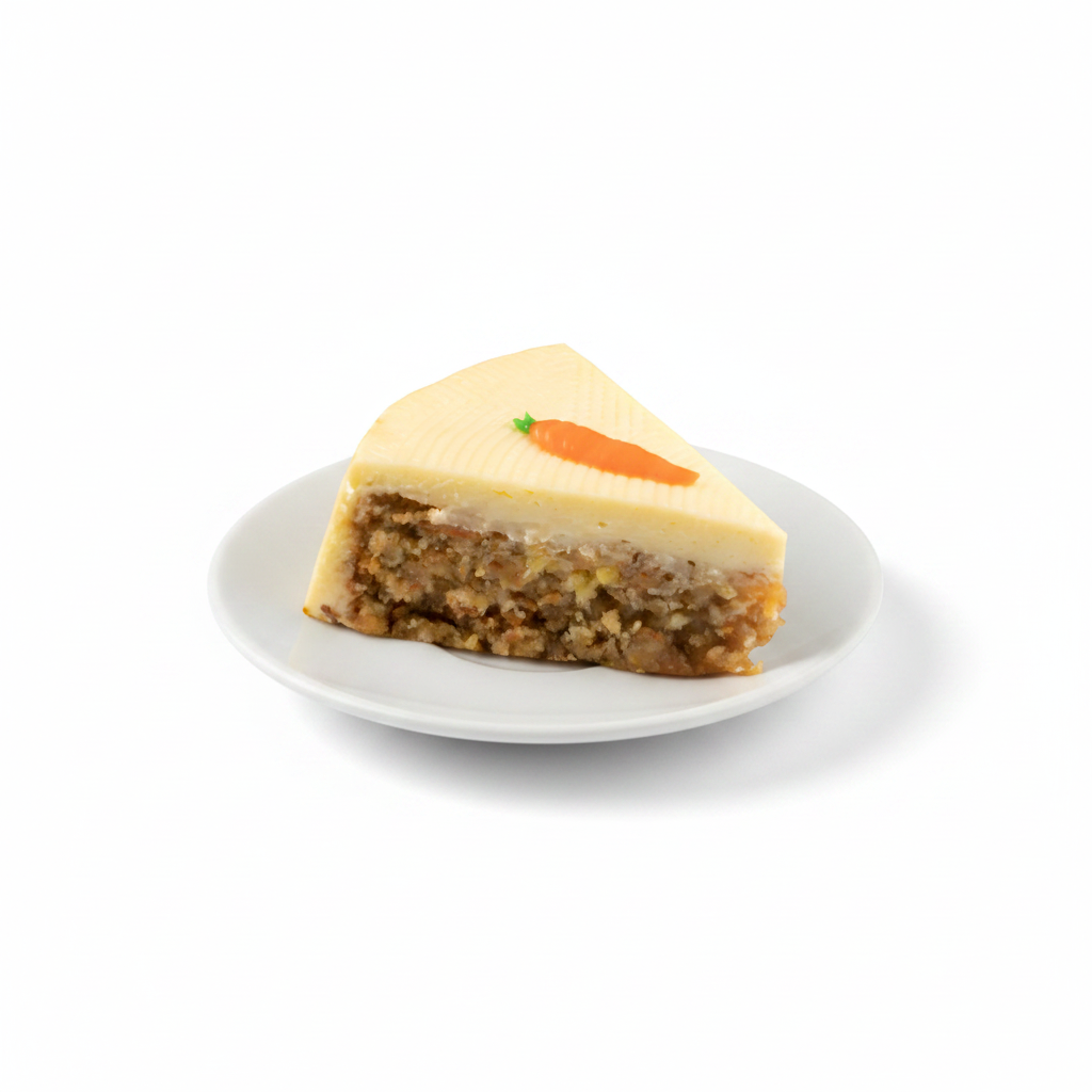 A triangular slice of carrot cake with a decorative carrot on top, indicating a moist cake with a visible nutty crumb and cream cheese frosting.