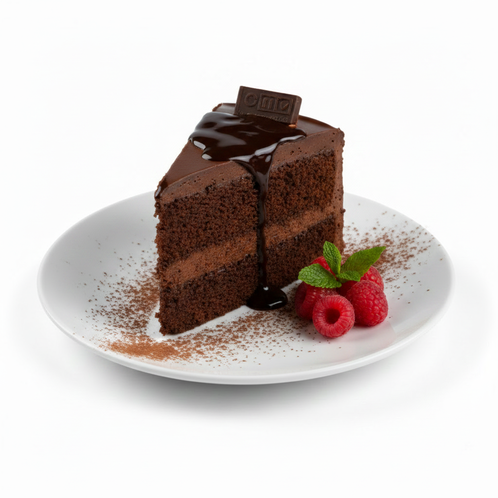 A chocolate cake slice with chocolate shavings on top and a brand name tag reading 'Joma'.