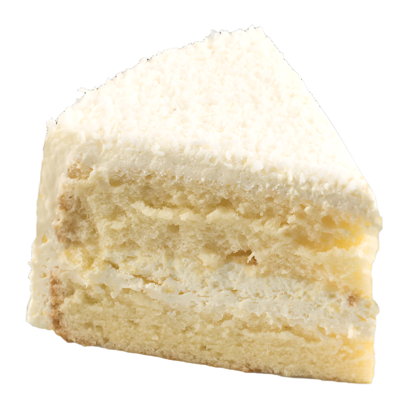A single slice of coconut cake with white frosting.
