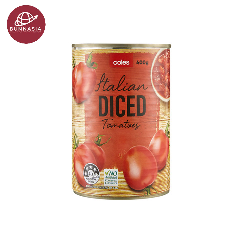 A can of Coles Italian diced tomatoes, 400g size, with branding and tomato images on the label.