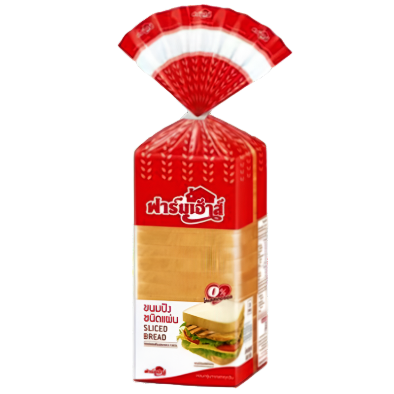 Farmhouse Sandwich Sliced Bread 480g – soft and fluffy white bread, neatly sliced and packed in a red and white plastic bag with a twist tie, perfect for sandwiches and toast.