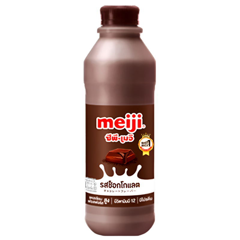 “Bottle of Meiji pasteurized chocolate-flavoured milk, 830 ml — brown bottle with chocolate graphic and white splashes at the bottom, red Meiji logo, brown cap.”