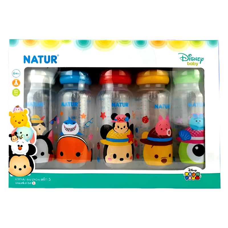 Natur Disney baby Tsum Tsum ຕຸກກະຕຸກໃຫ້ນົມຮູບຊົງກົມ ບໍ່ເສຍຄ່າ BPA,BPS ຂະໜາດ 8oz ສຳລັບເດັກນ້ອຍ 6ເດືອນ ++ ຊອງ 5pcs