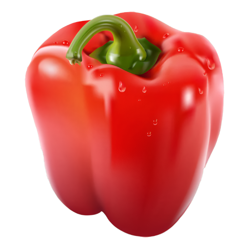 A single red bell pepper with water droplets on its surface, against a white background.