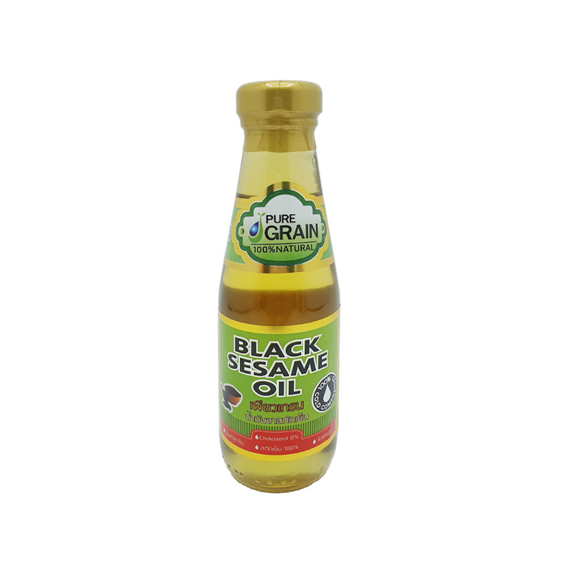 A 200ml bottle of Pure Grain Black Sesame Oil with a label that includes the product name and the phrases 'Natural', 'Organic', and 'Healthy Cooking'. The bottle cap is gold-colored, and the liquid inside appears to be light brown.
