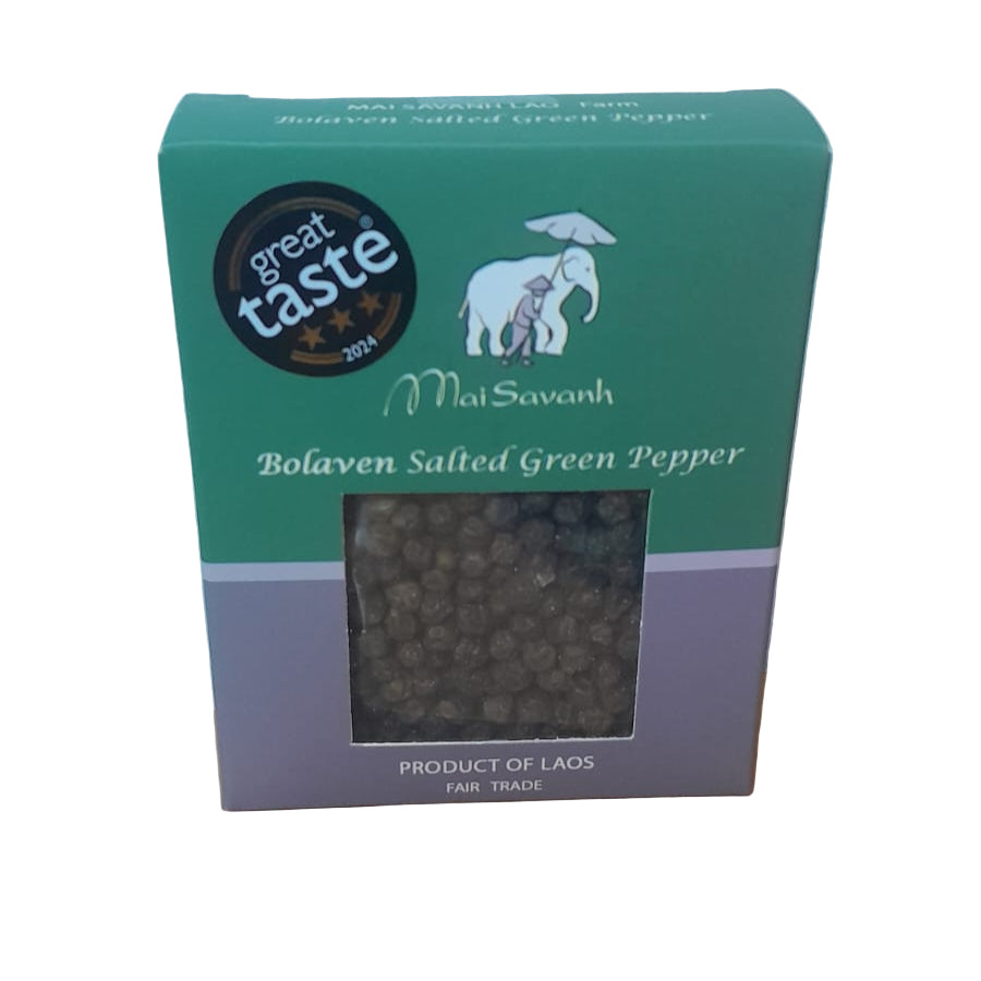 Box of Bolaven Salted Green Pepper with 'Great Taste' award on a white background