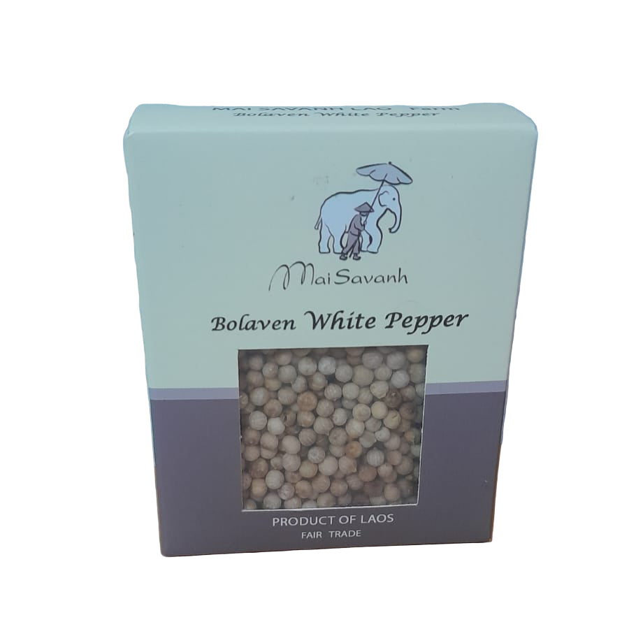 Box of Bolaven White Pepper with visible brand logo on a white background