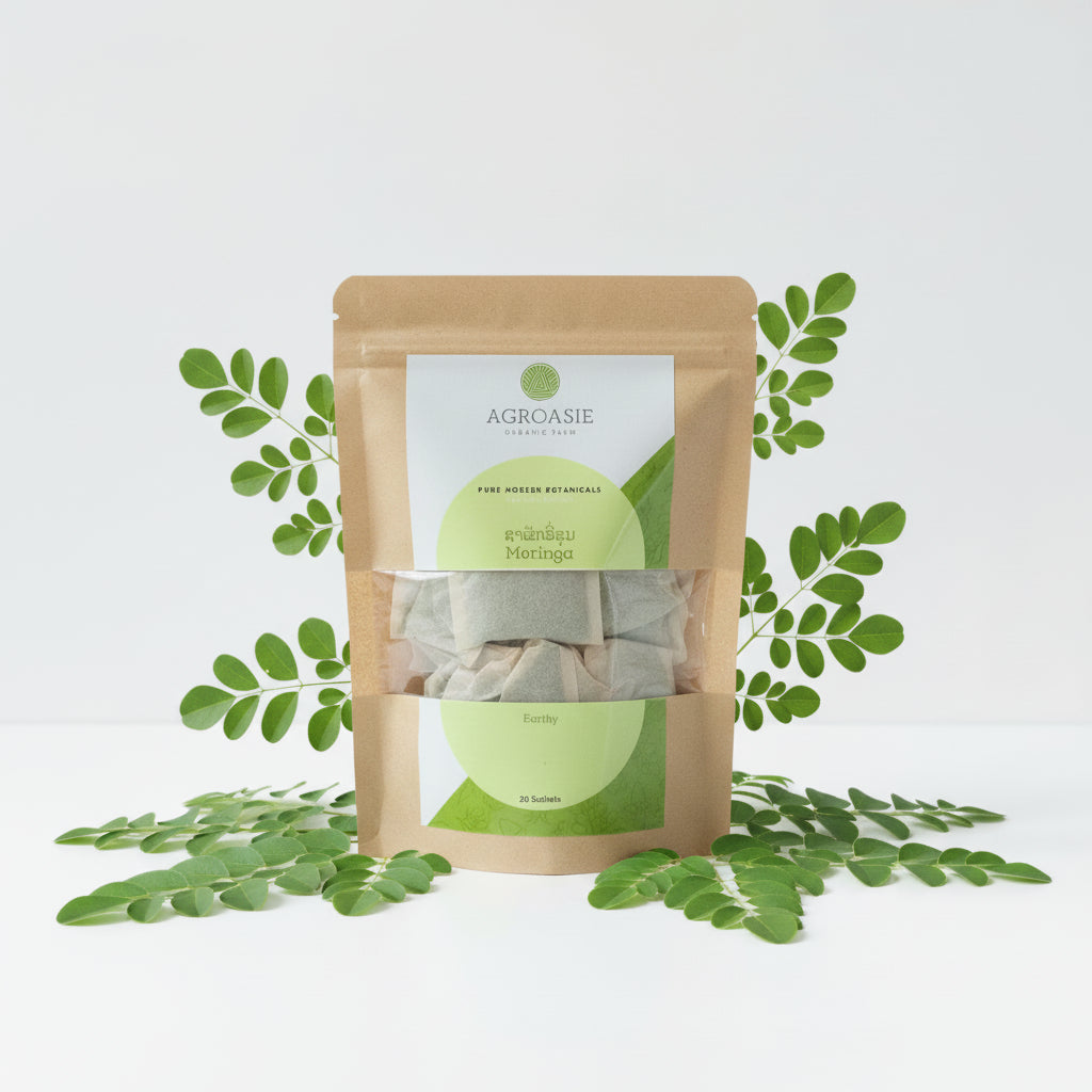 Agroasie Moringa tea packages on a white surface