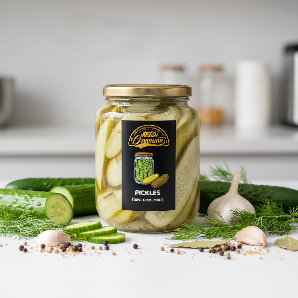 Hand holding a jar of pickles with a store interior in the background