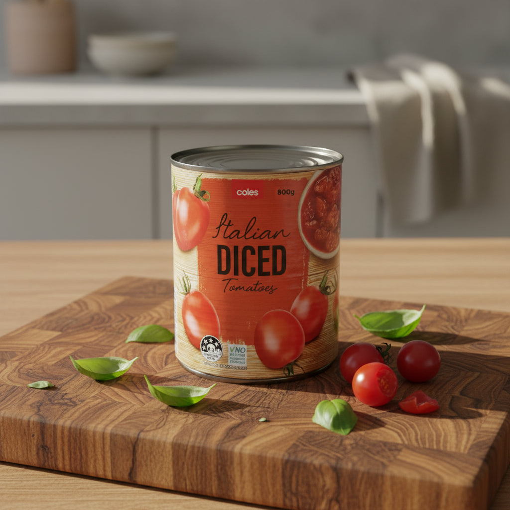 Can of Coles Italian Diced Tomatoes on a wooden surface with a white background