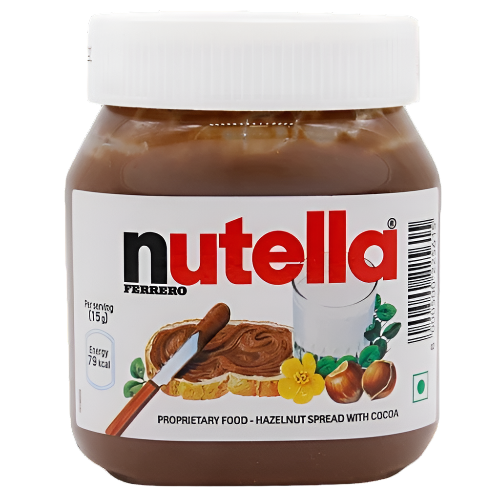 Jar of Nutella hazelnut cocoa spread with white lid and Nutella logo on label, slice of bread spread with chocolate, hazelnuts and yellow flower beside it — clean white background”