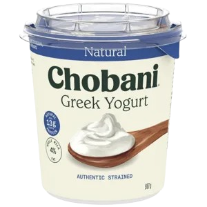 A tub of Chobani Greek Yoghurt Natural flavor, 907g, with the lid on, displaying the product name and an image of a spoon with yogurt on it.