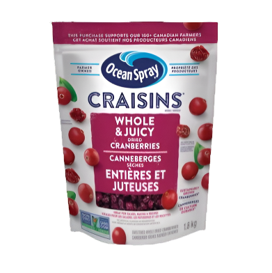 Package of Ocean Spray Craisins Whole Dried Cranberries, 1.8 kg.