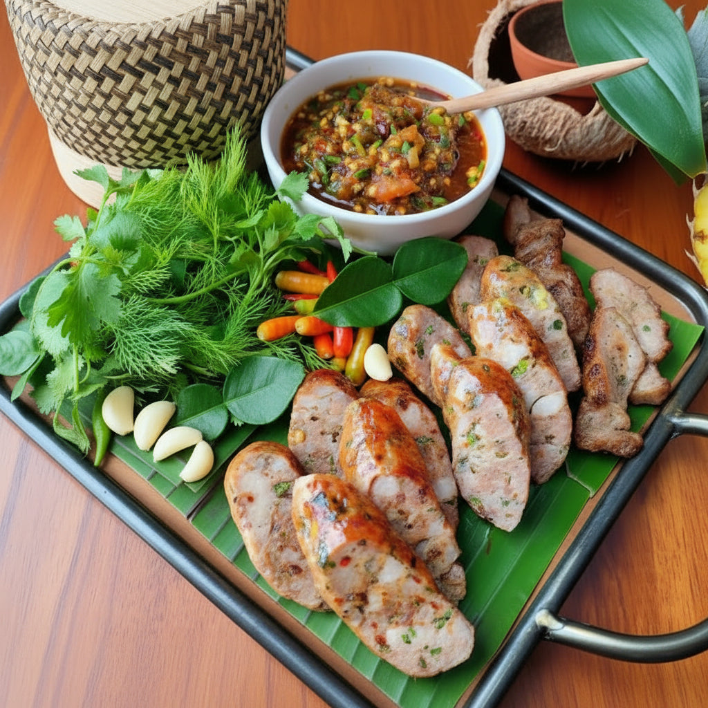 Sliced sausage on a platter with vegetables and a bowl of sauce on a wooden table.