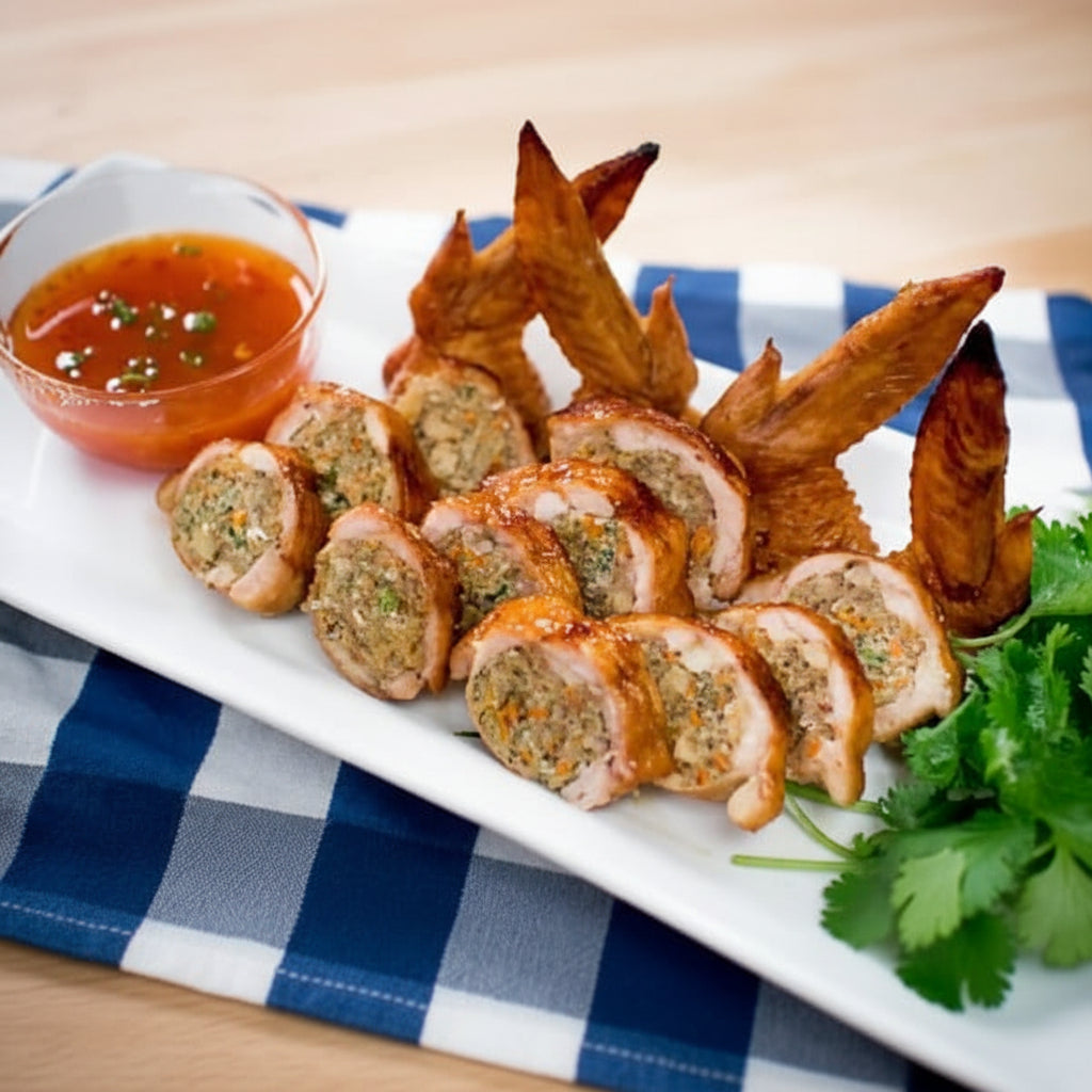 Fried appetizers with dipping sauce on a checkered tablecloth