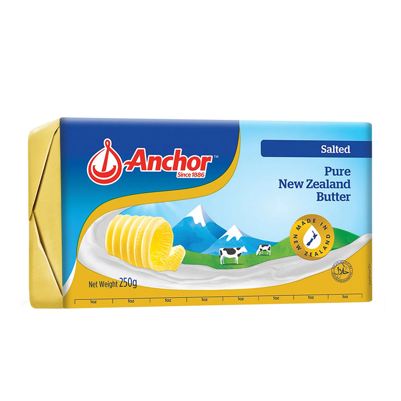 Packaging of Anchor Pure New Zealand Salted Butter, showing a blue and yellow box with an illustration of butter and cows.