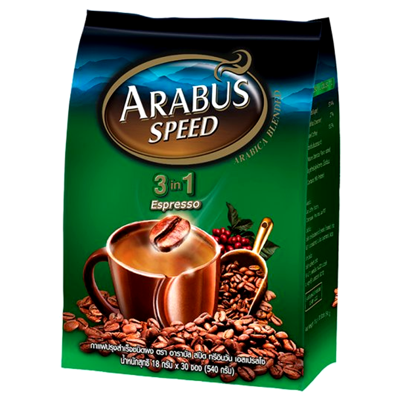 Arabus Speed 3in1 Espresso Flavor Instant Coffee powder ຂະໜາດ 18g ກ່ອງບັນຈຸ 30ຊອງ