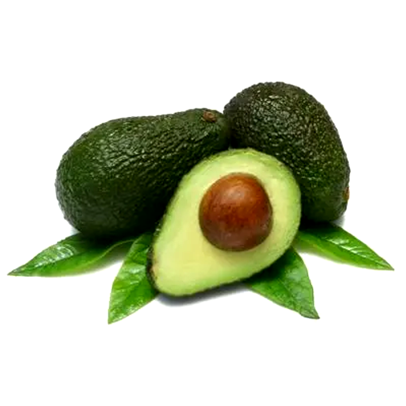 Three fresh avocados with one cut in half, showing the seed and green flesh, placed on avocado leaves against a white background.
