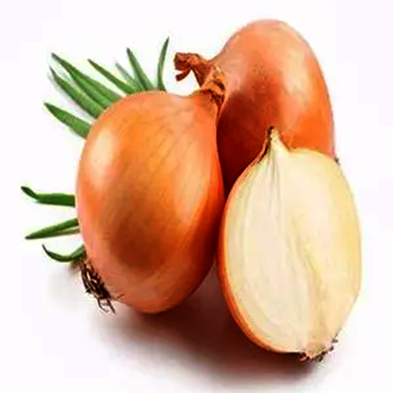 Two whole big onions with a third cut in half to show the inside, isolated on a white background.