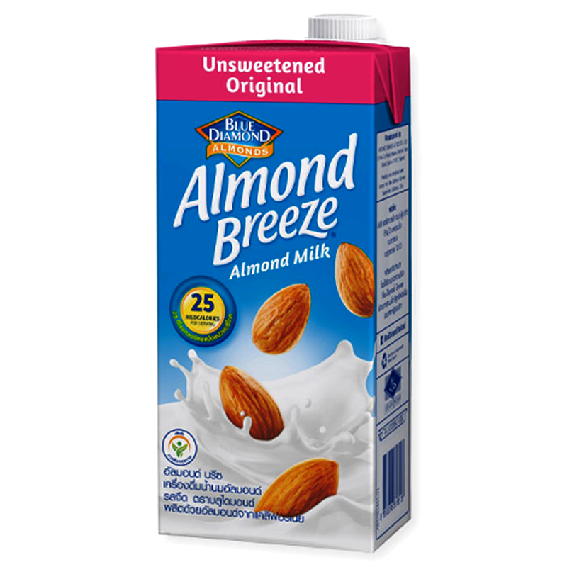 Carton of Blue Diamond Almonds Breeze Unsweetened Original Flavour Almond Milk, 946ml size, with images of almonds and a splash of milk on the front.