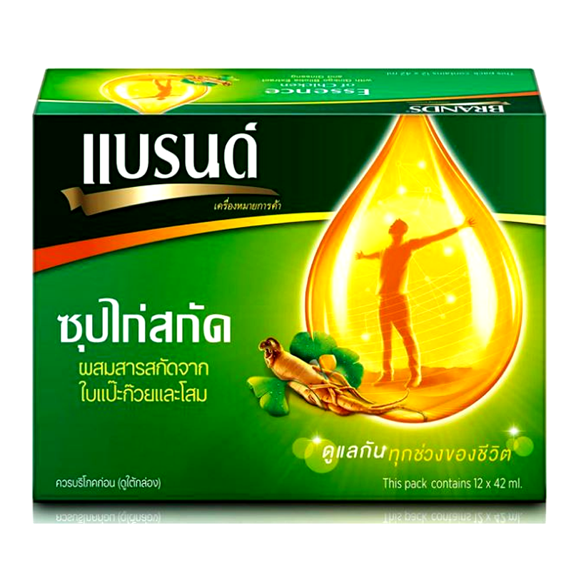 ແບຮນ ຊຸບໄກ່ສະກັດ ປະສົມສານສະກັດໃບແປະກ້ວຍແລະໂສມ 42ml ແພັກ 12 ແກ້ວ