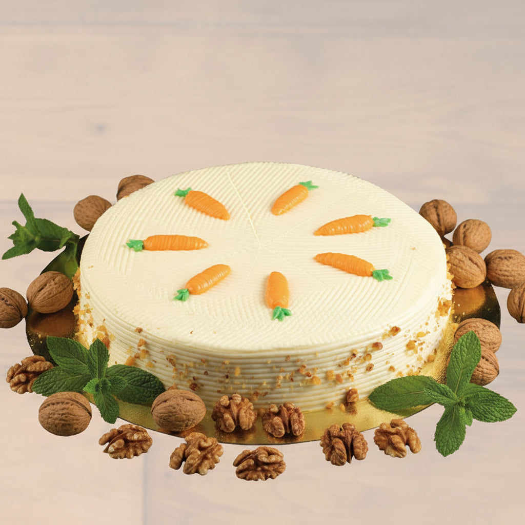 A medium-sized carrot cake with cream cheese frosting and decorated with sliced carrots on a wooden platter.