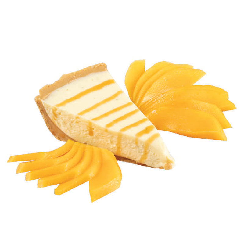 A slice of cheese cake with a topping of mangoes, presented on a white background.