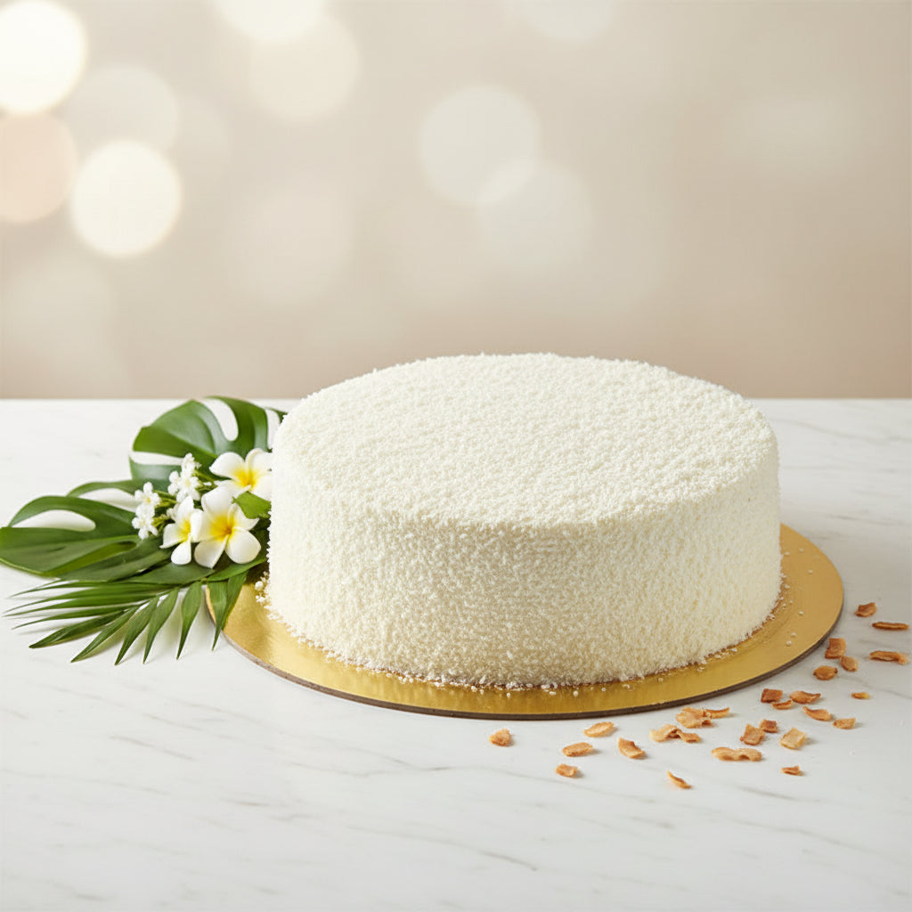A large, round coconut cake with a white topping, possibly shredded coconut, on a golden platter.