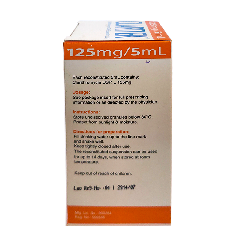 Claritek ( Clarithromycin Oral Suspension USP ) Orange Flavored 125mg ຂະໜາດ 5ml