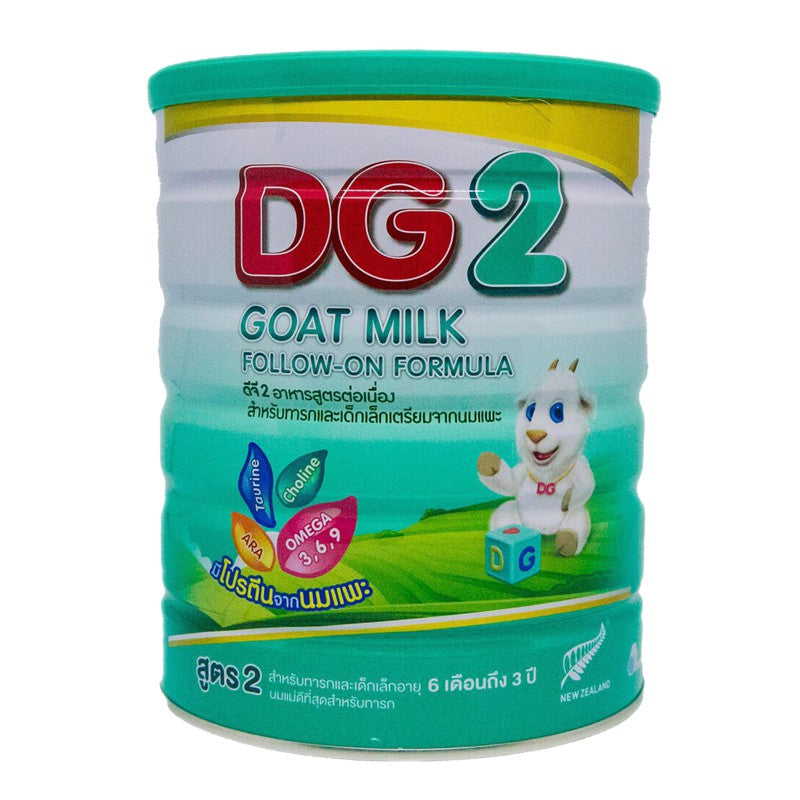 A can of DG2 Goat Milk Follow-On Formula 400g with colorful packaging featuring a cartoon goat and vitamins, indicating it is a baby formula.