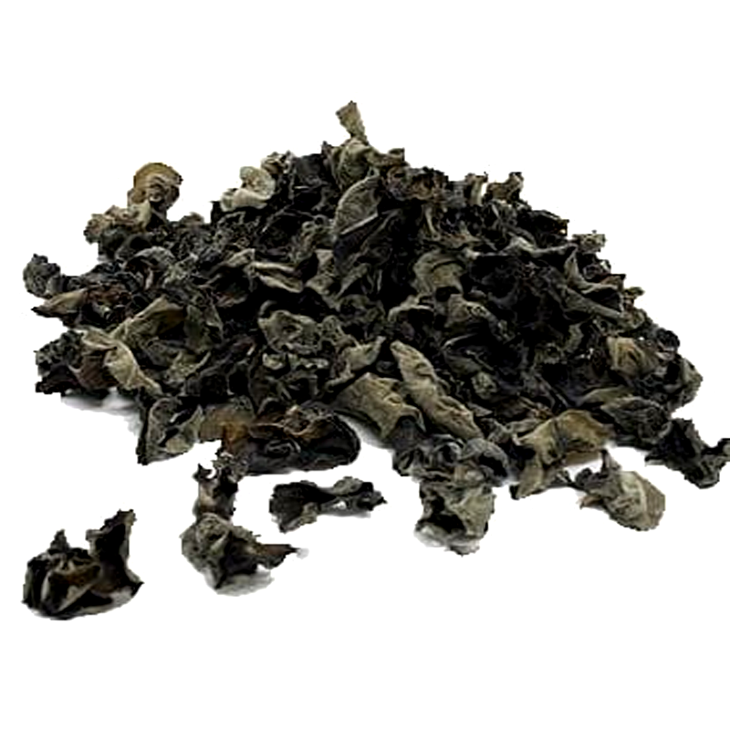 A pile of dry, brown Jew's ear mushrooms, also known as cloud ear or tree ear fungus.