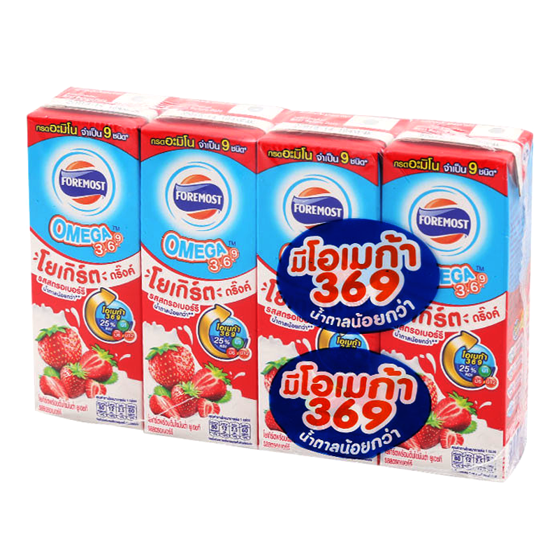 FOREMOST Omega 3 6 9 Low Fat Yogurt Drink Strawberry Flavor 170g Pack of 4 boxes
