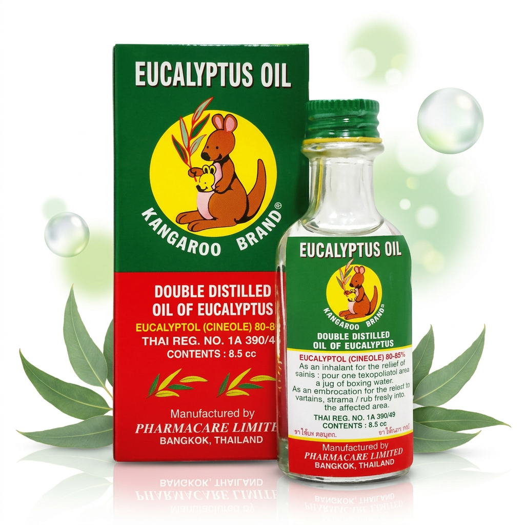 A bottle of Kangaroo Brand Double Distilled Oil of Eucalyptus next to its packaging box.