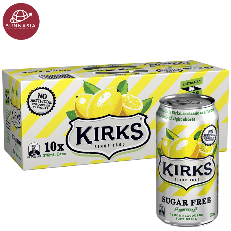 Kirks Lemon Squash Sugar Free Flavour Soft Drink 375ml Pack 10 cans