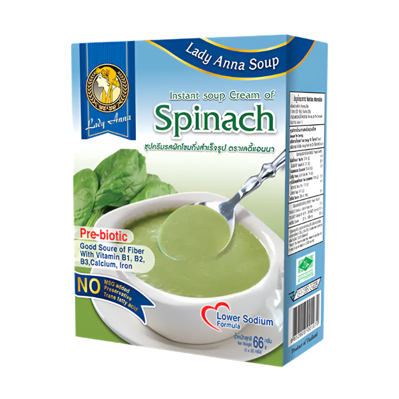 Box of Lady Anna Spinach Instant Soup Cream with a bowl of soup and spoon on a white background