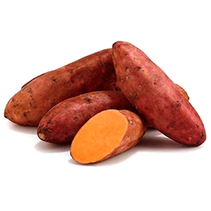A collection of whole sweet potatoes and sliced sweet potato flesh on a white background.