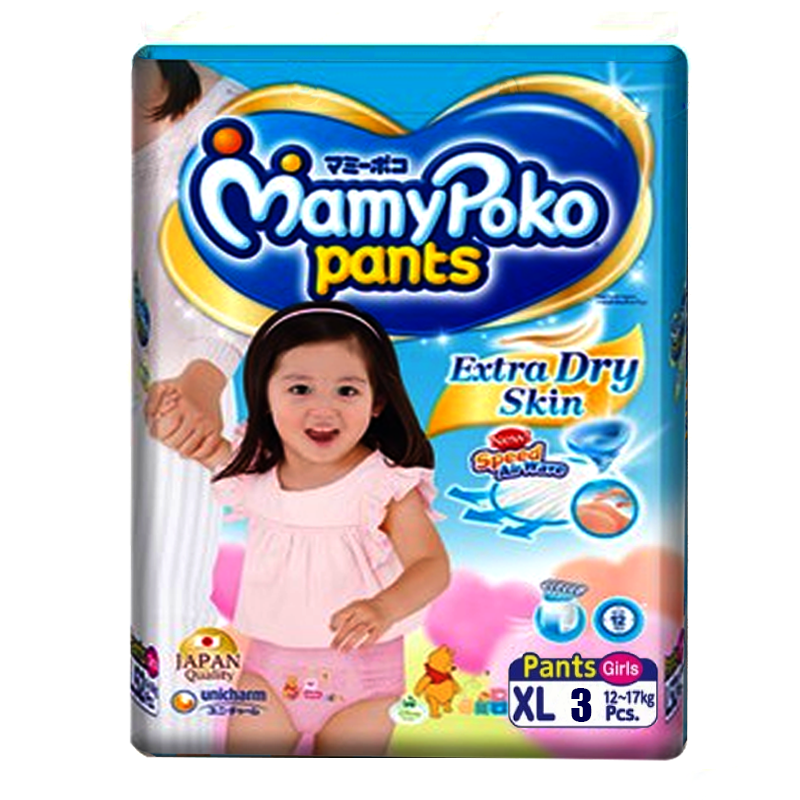 MamyPoko Pants Extra Dry Skin Speed Air Wave Size XL 12 -14 - 7kg Girls Diaper Pant Pack of 3pcs