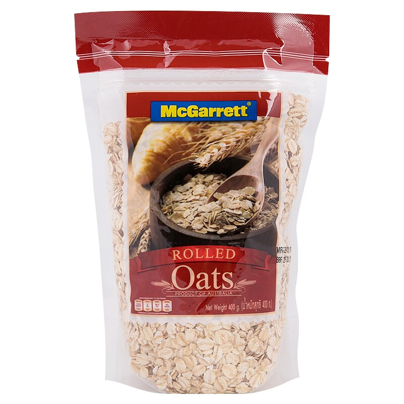 Packaging of McGarrett Rolled Oats showing the oats inside a clear plastic bag with a red and white label.
