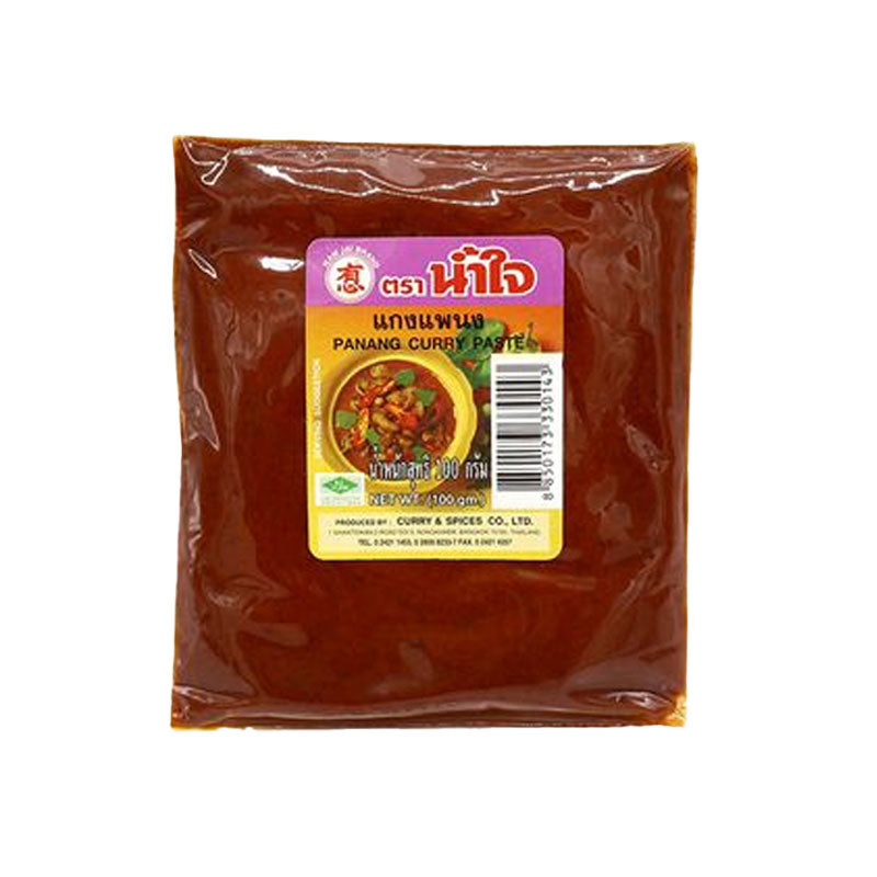 Packaged Namjai Panang Curry Paste in a 100g red and yellow plastic bag with label and barcode.