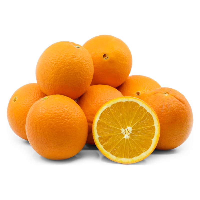 A pile of fresh Sunkist Navel oranges with one cut in half to show the inside.