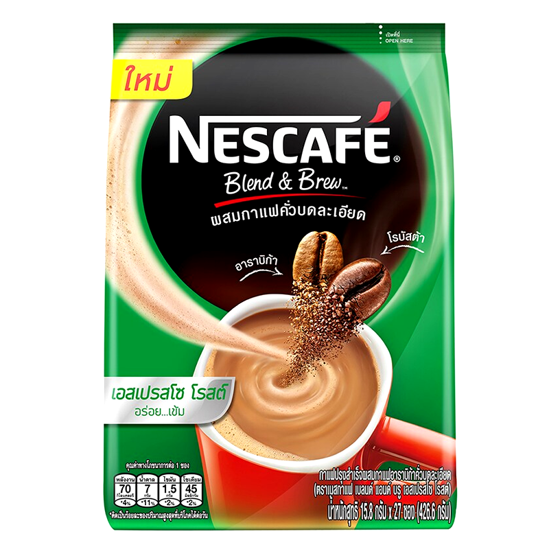 Nescafe Blend & Brew Espresso Roast Instant Coffee Mix Arabica Coffee Ground Roasted Size 15.8g ຊອງ 27 ຊອງ
