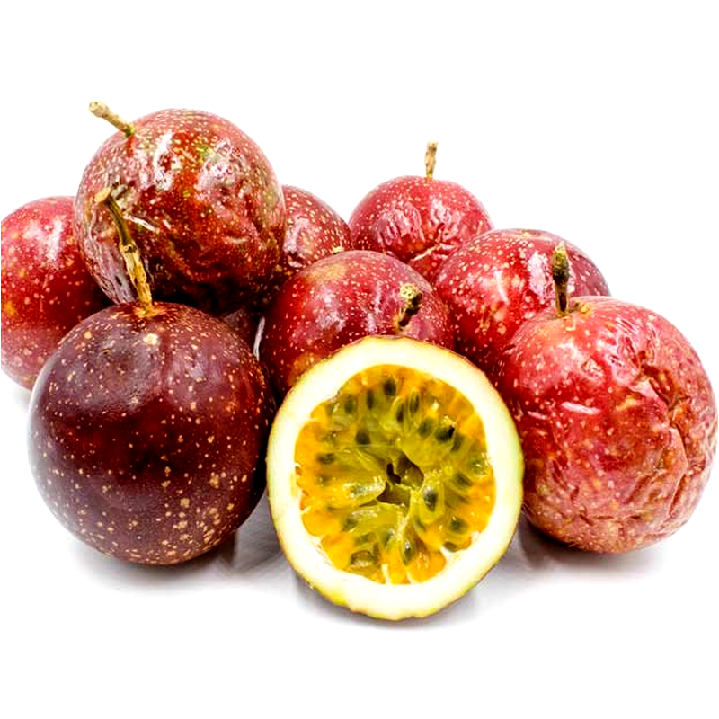 “A group of ripe passion fruits with deep reddish-purple speckled skins, with one fruit cut open in the front, revealing its bright golden-yellow pulp filled with small black seeds.”