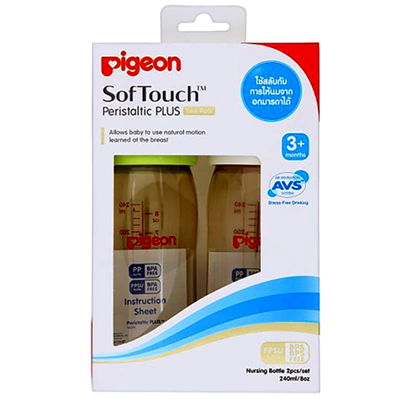 Pigeon SofTouch Peristaltic Plus 3+ ເດືອນບັນຈຸຂວດ Neck Neck Wide 8oz 2pcs
