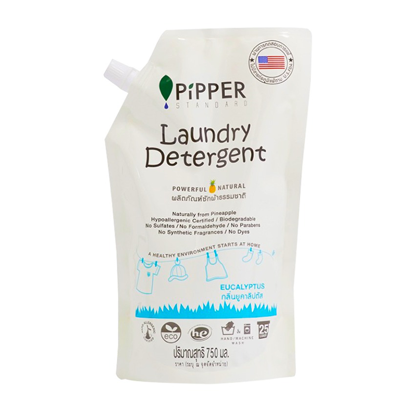 A white pouch of Pipper Standard Laundry Detergent with eucalyptus scent, featuring product information and branding.