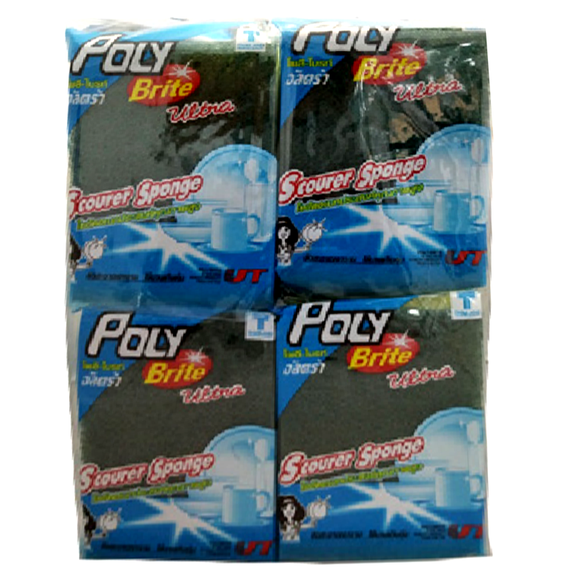 Pack of Poly-Brite Ultra scourer sponges, each sponge is packaged individually in a blue and white plastic wrap with branding and product information displayed.