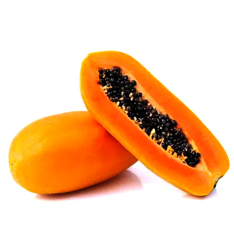 "Whole ripe papaya with vibrant orange skin, alongside a halved papaya showing bright orange flesh and small black seeds, highlighting its sweet and juicy texture."
Would you like me to also make a shorter version optimized for e-commerce image alt tags?
