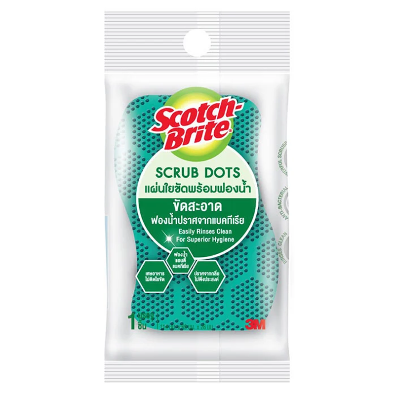 Packaging of Scotch Brite Scrub Dots with green scrub dots visible through the clear plastic.